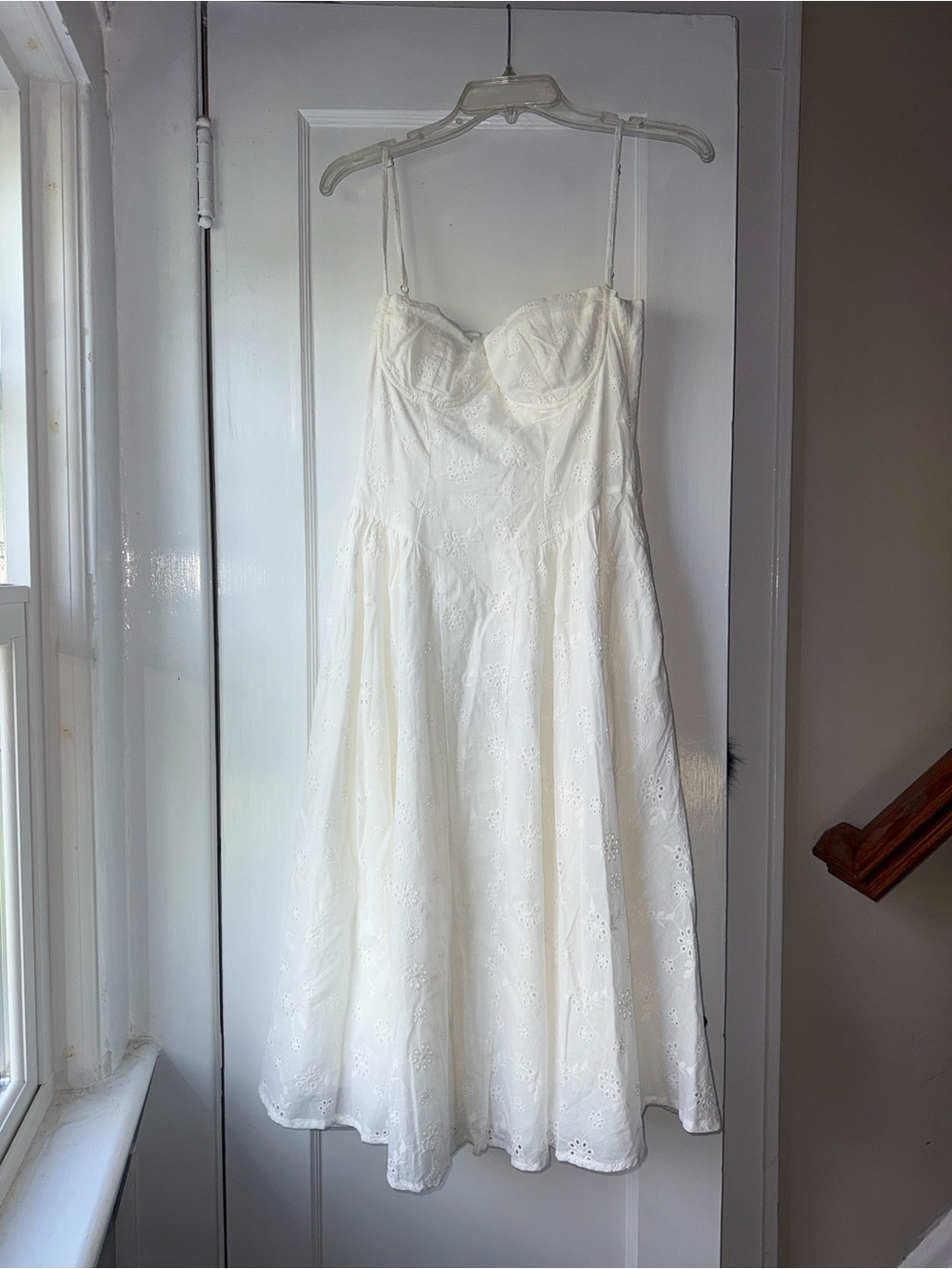 White Eyelet Midi Dress with Sweetheart Neckline